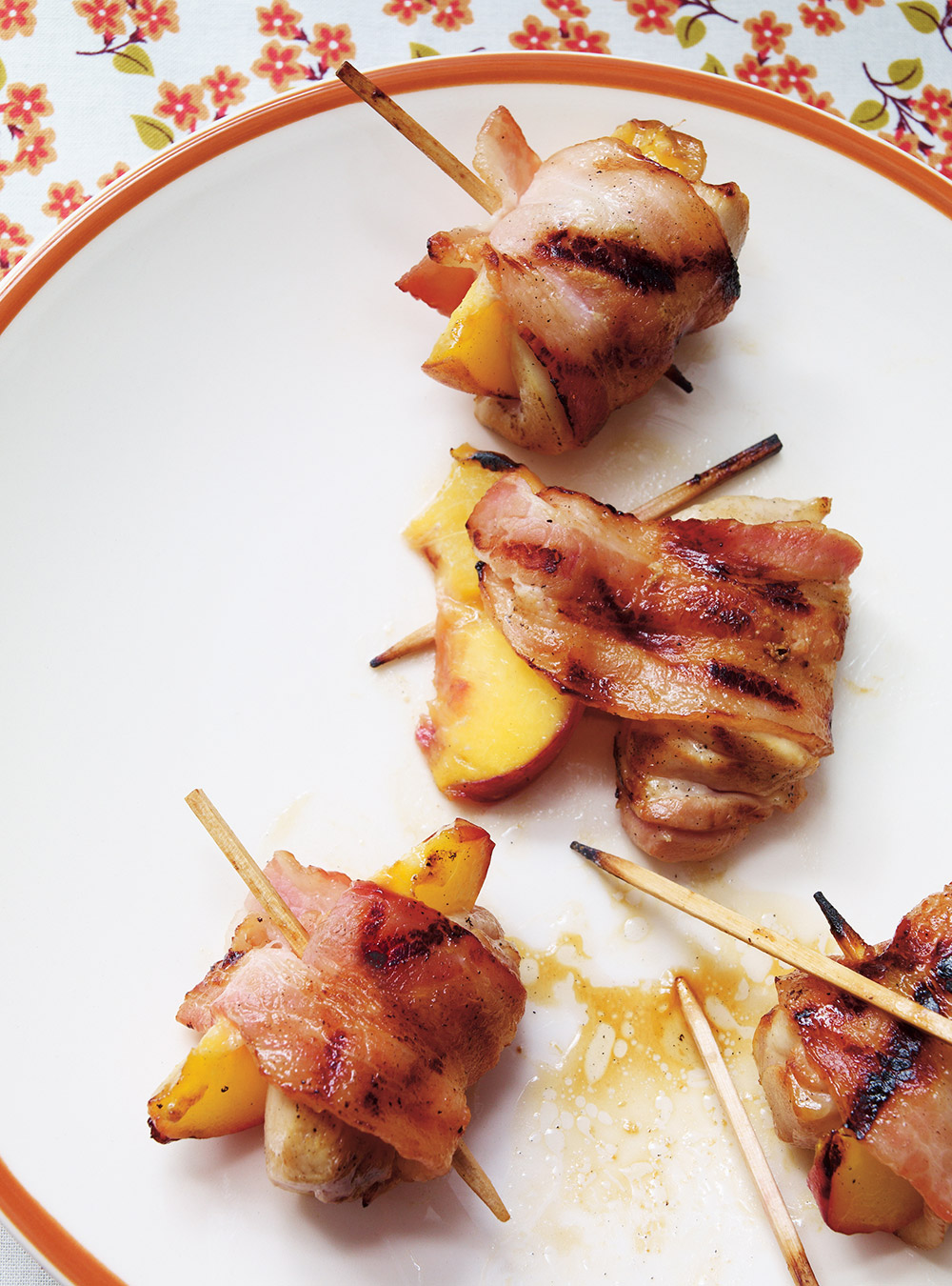 Bacon-Wrapped Chicken and Peach Mini Skewers