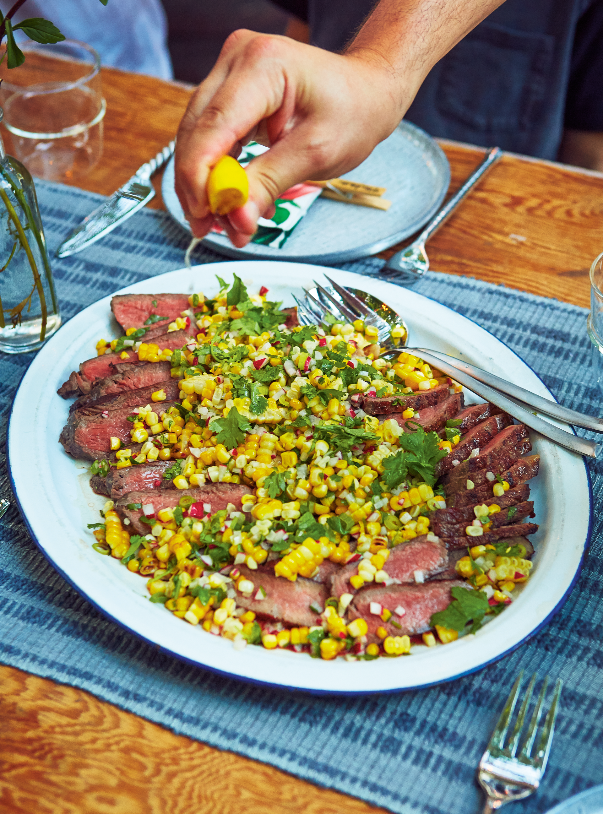 Steaks with Grilled Corn and Cilantro